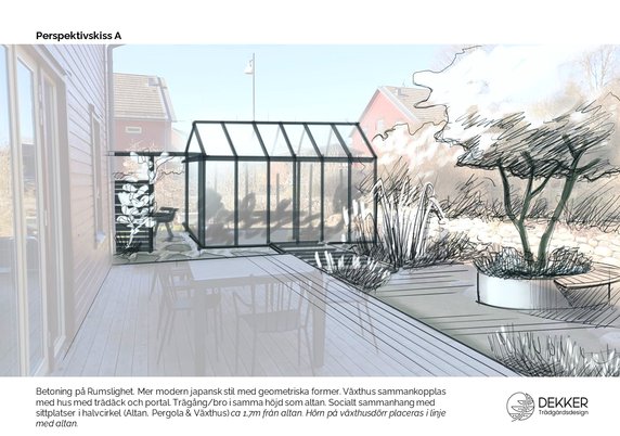 perspektivskiss uteplats med växthus projekt japanisnpirerad hörntomt
