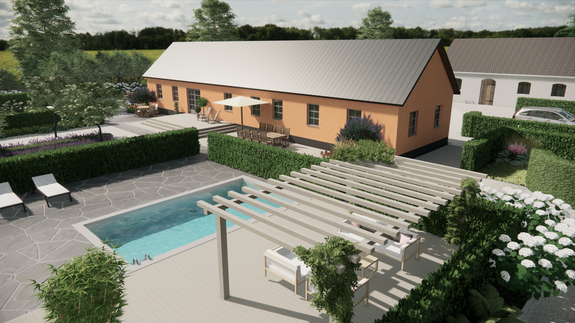 3d stillbild designförslag poolområde projekt skånelänga 1700tal