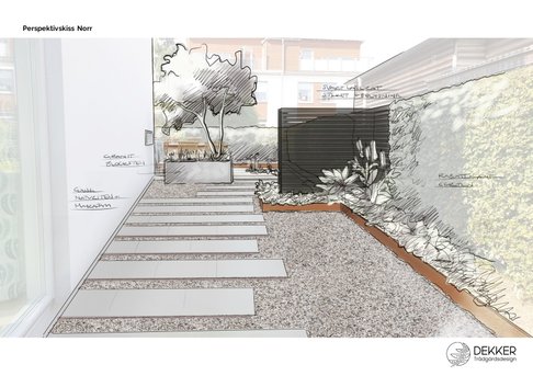 perspektivskiss med designförslag till tråkig gavelsida i trädgård