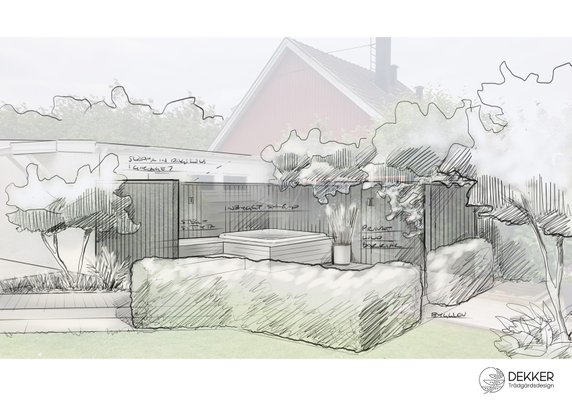 perspektivskiss designförslag spaområde uteplats projekt lummig stadsträdgård