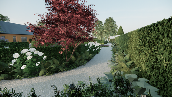 3d stillbild designförslag grusgång med växter och häck projekt skånelänga 1700tal