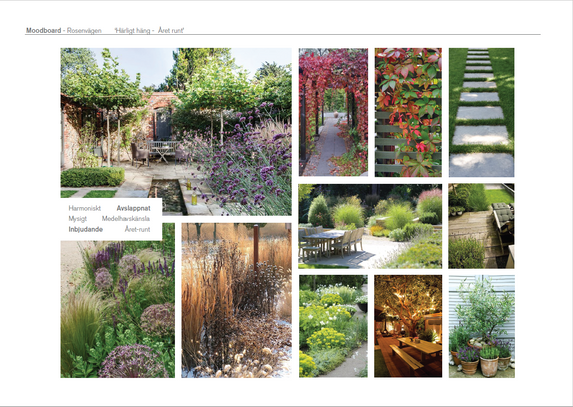 trädgårdsdesign inspirationsboard för radhustomt med blandade trädgårdsbilder