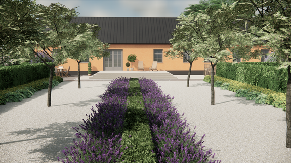trädgårdsdesign 3d stillbild över allé med lavendelhäck